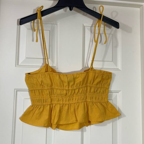 Forever 21 Yellow Smocked Knit Crop Top Medium Midriff Peplum Flair Strappy NWT - Picture 4 of 11